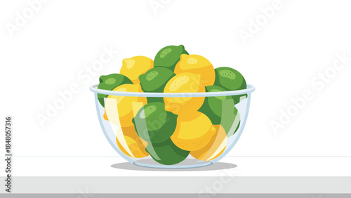 A vibrant glass bowl is filled with a colorful assortment of fresh lemons and limes, creating a bright and zesty display.
