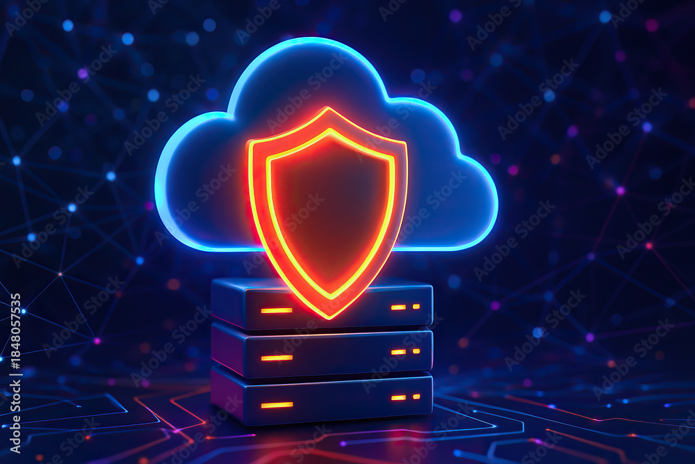 Fototapeta premium Cloud computing security concept with neon shield icon and server stack, glowing digital network background, representing data protection and cybersecurity technology