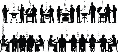 Barbecue party silhouettes showing people grilling food and dining together, outdoor social gathering, friendship, leisure lifestyle illustration set