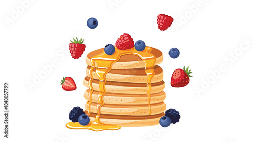 Delicious stack of pancakes drizzled with golden syrup and topped with fresh berries creates a delightful breakfast scene.