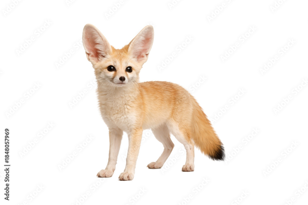 Obraz premium fennec fox standing alert, full body view isolated on a pure white background. Cute desert fox with large ears, sandy fur, and natural wildlife proportions
