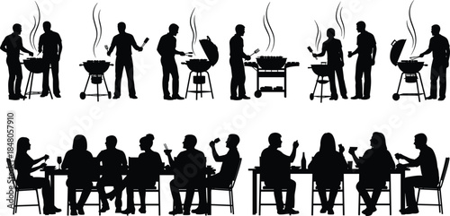 Barbecue party silhouettes showing people grilling, cooking, eating, and socializing together outdoors during festive gathering and casual dining moments