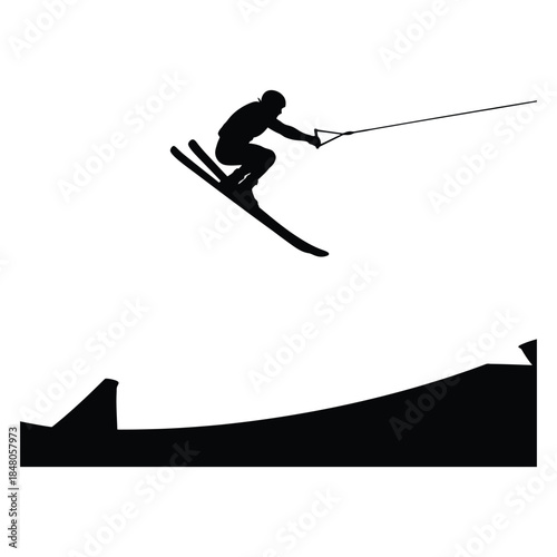 Water skiing jump silhouette with skier airborne over ramp and taut rope in dramatic competition sports vector