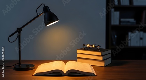 A focused reading lamp illuminates an open book on a desk with glasses, representing study and knowledge for a World Book Day concept.