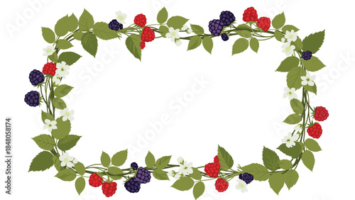 A beautiful floral frame featuring raspberries, blackberries, delicate white flowers, and lush green leaves creates a natural, inviting border.