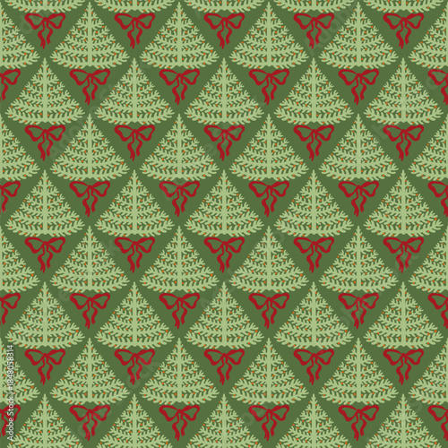 Retro Christmas fir tree preppy coquette bows winter holiday vintage seamless pattern wrap, textile