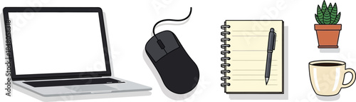 Flat design illustration set of 6 home office desk items laptop computer mouse notebook pen potted succulent and coffee mug