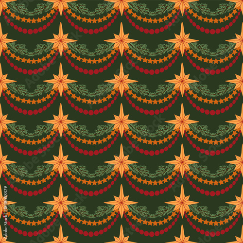 Christmas garland stars fir tree branches seamless pattern. festive winter holiday background wrap