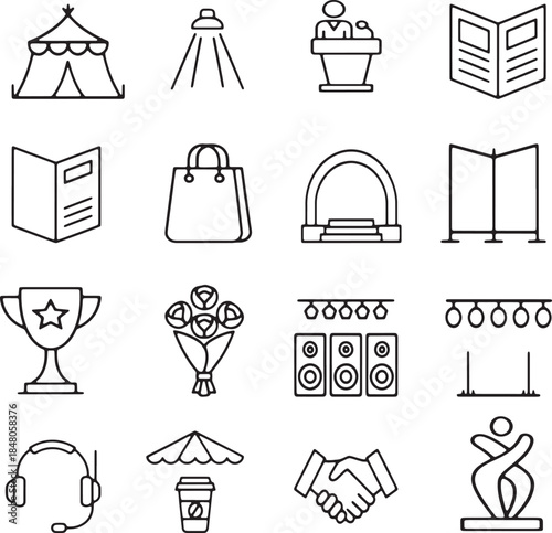 Set of 16 handdrawn icons for events, conferences, and exhibitions