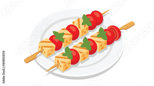 Caprese skewers with fresh tomatoes, mozzarella, and basil leaves are presented on a white plate, offering a delightful appetizer.