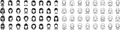 Modern flat and line art vector set of diverse user avatar icons with various hairstyles. isolated PNG with Transparent Background