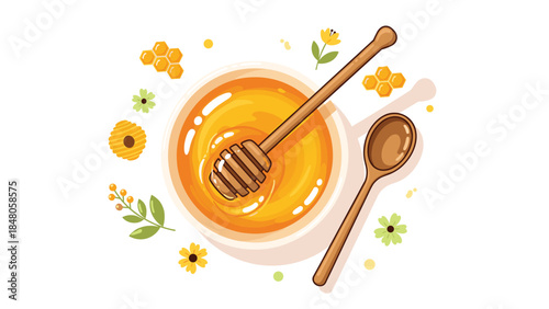 Golden honey in a bowl with a dipper and spoon surrounded by delicate wildflowers and honeycomb creates a sweet and natural scene.