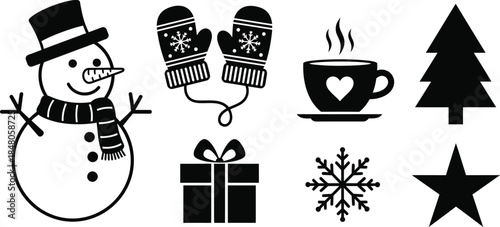 Winter holiday icon set with snowman, mittens, and coffee cup