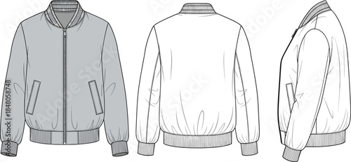 Bomber jacket technical CAD drawing with front back and side views, ribbed collar cuffs zipper details, cad drawing flat vector illustration