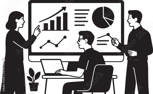 Programmer coding on laptop with web development icons black and white flat vector illustration