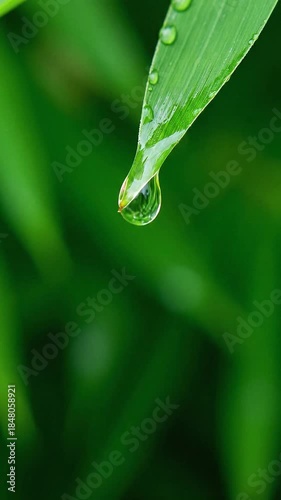 竹の葉から滴る一滴の水、静謐なウェルネス縦背景02
