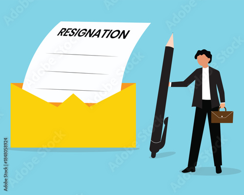 Professional businessman write resignation letter to quit job. Giant envelope with document, Worker man leave workplace, quit job letter leave company. Vector illustration.
