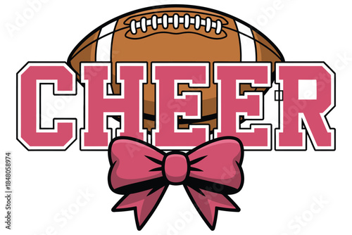 Cheer text with football and pink bow, varsity-style bold pink “CHEER” text, football illustration above, large coordinating bow below