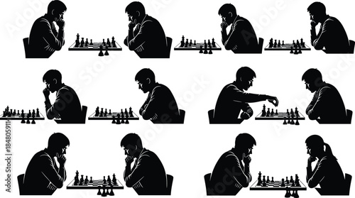 Chess strategy silhouette sequence showing thoughtful players making moves during competitive mind game decision making concept illustration series artwork
