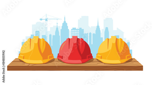 Construction hard hats rest on a wooden plank with a cityscape silhouette in the background, symbolizing building and urban development.
