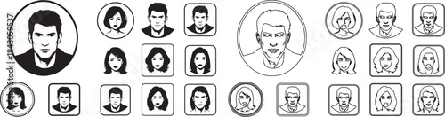 Set of diverse user profile avatar icons in modern black and white vector style isolated PNG with Transparent Background