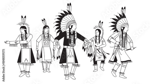 Illustration of Indigenous People in Traditional Dress with Feathered Headdresses.