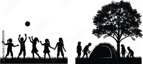 Children camping silhouettes showing kids playing outdoors, setting up tent under tree, summer family adventure and nature leisure activities