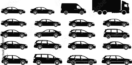 Black Vehicle Silhouette Set with Sedan Car Van and Cargo Truck Isolated on White Background for Urban Traffic and Transport Vector