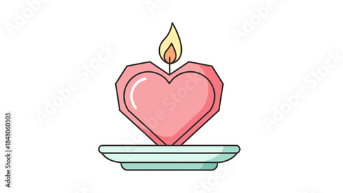 Stylized Illustration of a Heart-Shaped Candle with Flame on a Small Plate for Romantic or