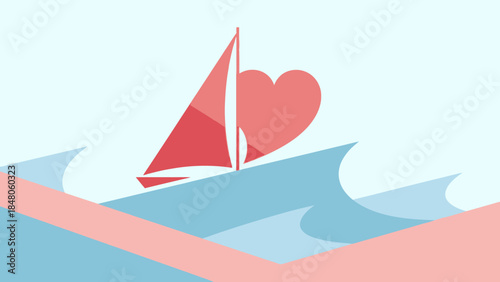 Stylized illustration of a sailboat with a heart-shaped wind in the background conveying love for