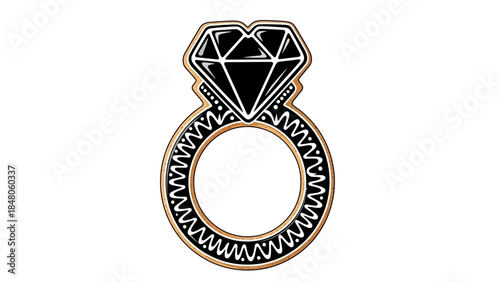 Stylized minimalist illustration of a diamond engagement ring with intricate details and elegant