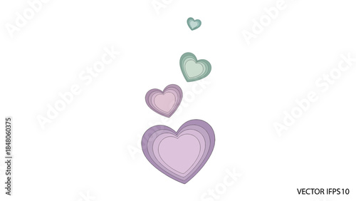 Stylized pastel-colored hearts floating in a vertical arrangement on a white background for