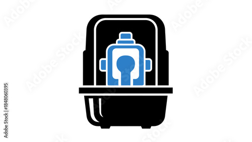 Stylized robot icon with backpack and tech elements isolated on white background