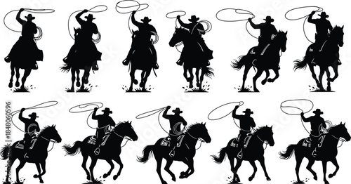 Cowboy rodeo silhouettes collection featuring horseback riders swinging lasso ropes, perfect for western culture, ranch lifestyle, rodeo and cowboy themes