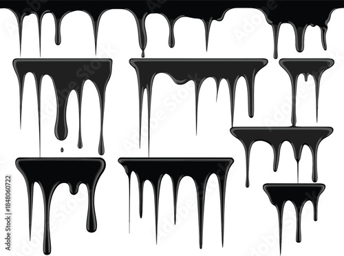 Black liquid dripping paint set realistic slime oil ink drops isolated vector illustration elements collection