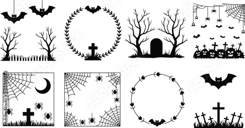 Halloween silhouette elements set spooky graveyard bats spiders trees frames isolated black vector illustration collection