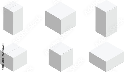 Isometric white cube box mockup collection minimal 3D geometric packaging shapes isolated vector design elements