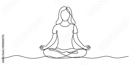 Woman meditating in lotus position, continuous line drawing