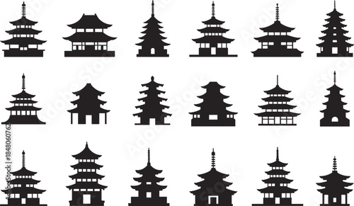 Asian pagoda silhouette collection traditional temple architecture icons isolated black vector illustration set design elements