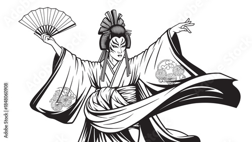 Traditional Chinese Performer in Flowing Robes with a Fan in a Dynamic Theatrical Pose.