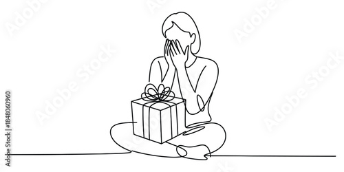 Woman covering face surprised by gift box, continuous line drawing