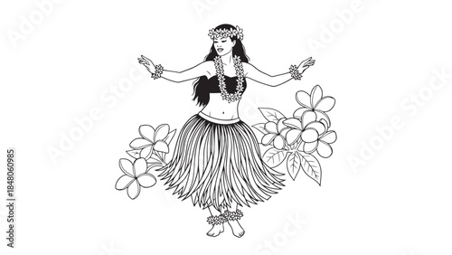 Illustration of a graceful hula dancer surrounded by tropical flowers and leaves.