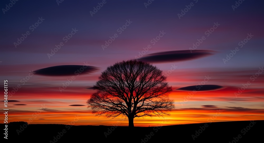 Obraz premium Lone tree silhouette against dramatic sunset sky with streaking clouds