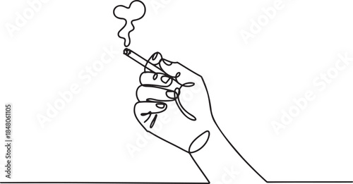 Continuous line drawing of hand holding cigarette with smoke rising up
