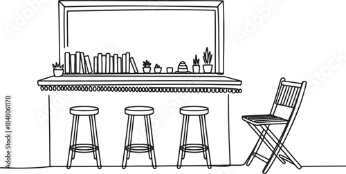 Hand drawn sketch of indoor counter seating area with stools and decorative shelf