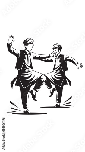 Two men dancing together in vintage attire captured in a bold black-and-white illustration.