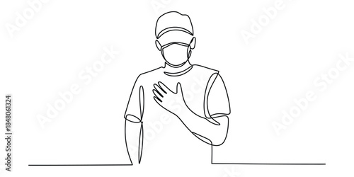 One line drawing of a person in cap and mask with hand on chest