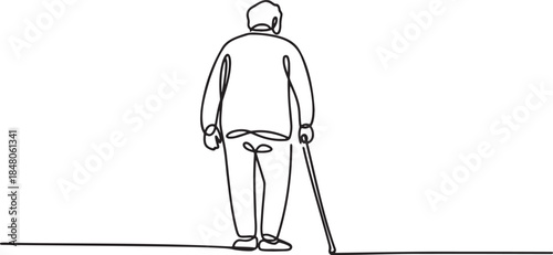 One line drawing of elderly person with cane standing viewed from back