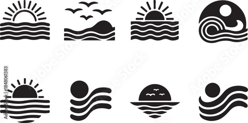 A variety of minimalist icons representing sunrise, sunset, and ocean waves.