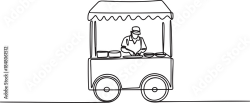Single line drawing of food vendor cart with cook on transparent background